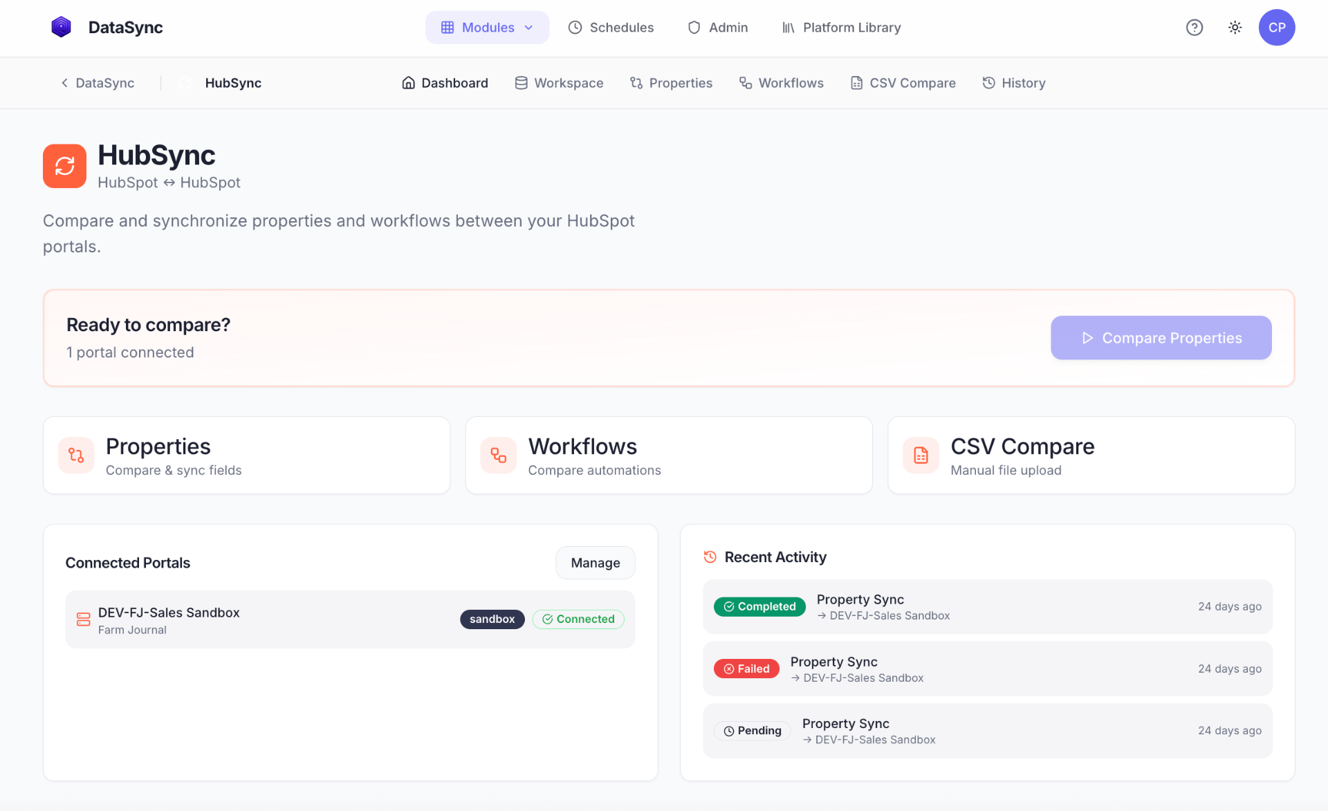 HubSync dashboard showing connected HubSpot portals and recent property-sync activity